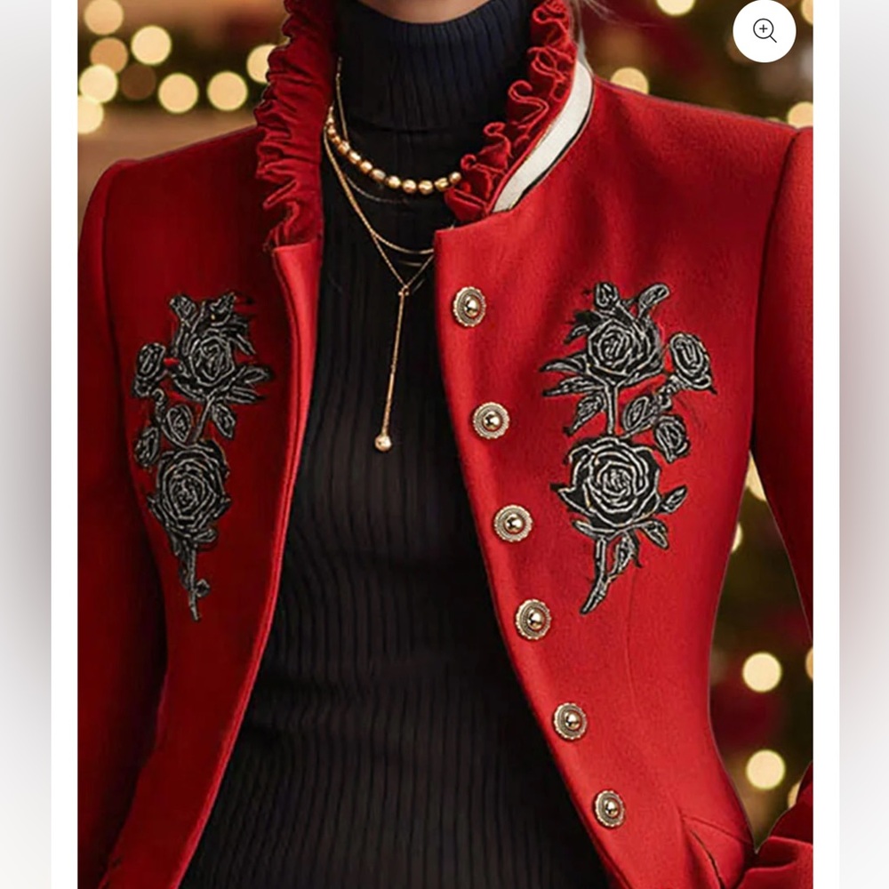 OYROSY Stand Up Collar Rose Embroidered Single Breasted Jacket - Picture 3 of 6